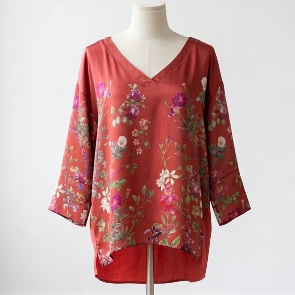 SFERRA|Exquisite Wine Red Floral Deep V-Neck Satiny/Cotton Blouse Loose Top Sz L